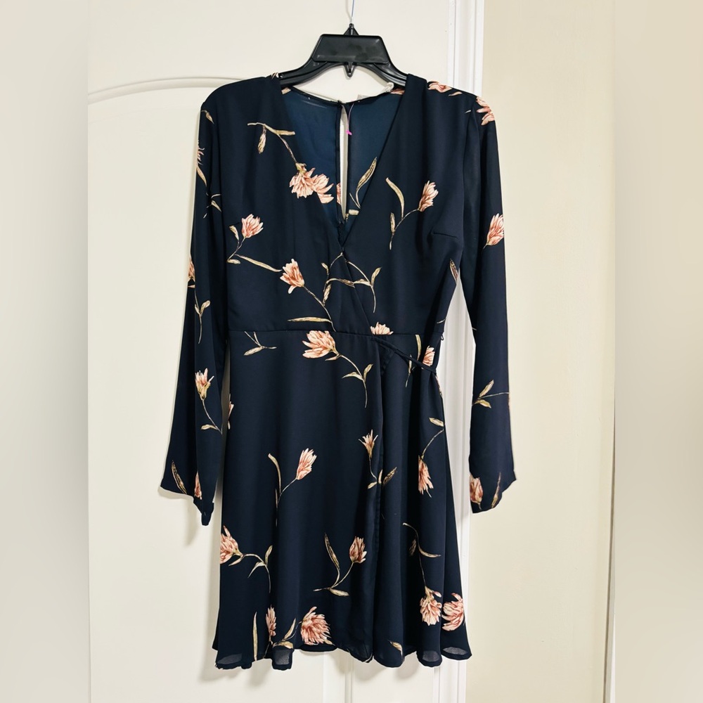 LUSH, Navy Long Sleeve Floral Wrap Dress with Pink Blossoms, Size XS